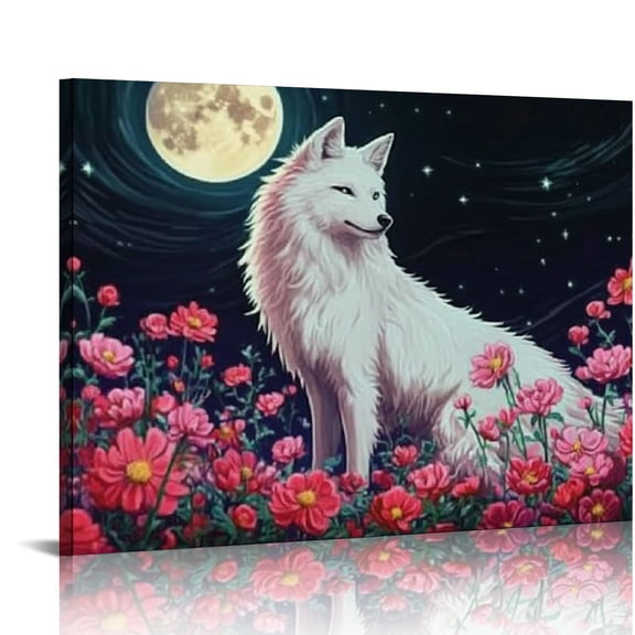 FCXZI Wolf Flowers Full Moon Canvas Print Wall Decorations for Home Ready To Hang Room Art Decor 16x12in