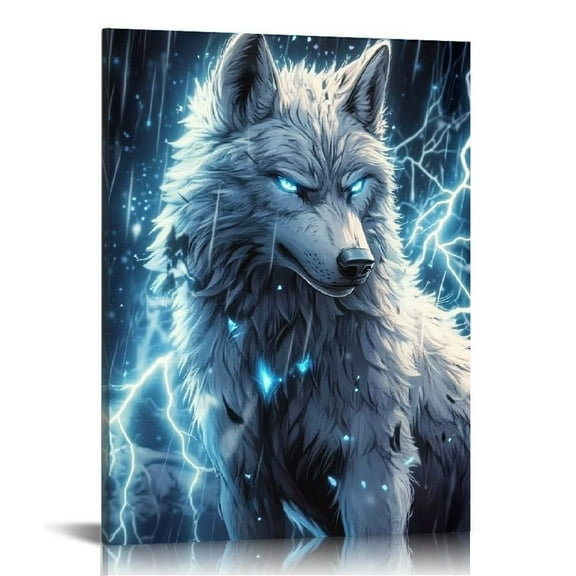 FCXZI Wolf Snow Lightning Framed Canvas Wall Art Decor Home Living Room Bathroom Bedroom Office Gift Idea 12x16in