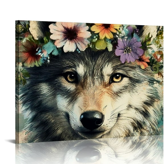 FCXZI Wolf Wall Art Decor Vintage Jungle Animal Canvas Print Picture Rustic Wolf With a Wreath Wall Decoration Water Color Animals Artwork for Kid's Room Nursery 16x12in