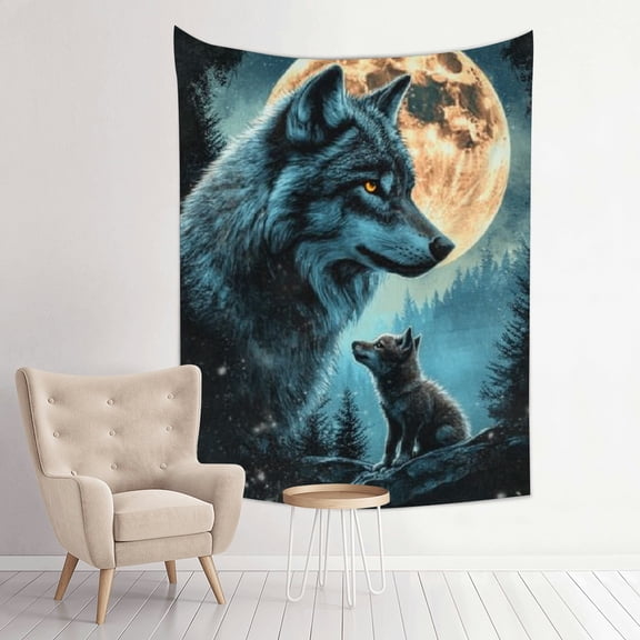 FCXZI Wolf Wolf Cub Full Moon Tapestry Home Wall Decor 100% Polyester 30*40in