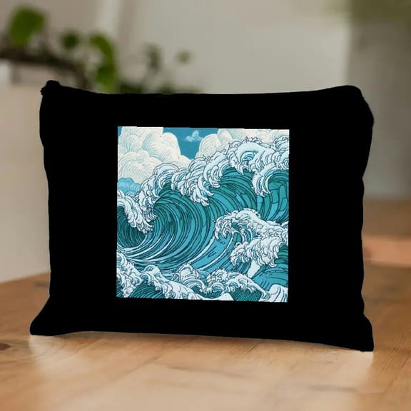 FCXZI Women Makeup Organizer Bag Ocean Waves, Japanese Great Wave Ocean Sea Waves Flax Cosmetic Bag Makeup Bags Toiletry Bag Accessories Organizer Travel Bags For Home Bathroom Office Hotel Gym Black