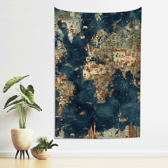FCXZI World Map Buildings Animals Wall Art Tapestry 100% Polyester 40*60in