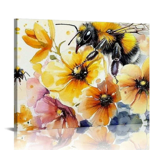FCXZI Yellow Flower Wall Art Bee Wall Decor Daisy Wildflower Canvas Prints Pictures Bee Kitchen Bathroom Decor Abstract Nature Floral Paintings Sunflower Artwork for Living Room Home