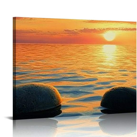 FCXZI Zen Canvas Wall Art Sunset Stone Pictures Painting Wall Decor Modern Home Prints Artwork for Living Room Bathroom Bedroom Office  16x12in