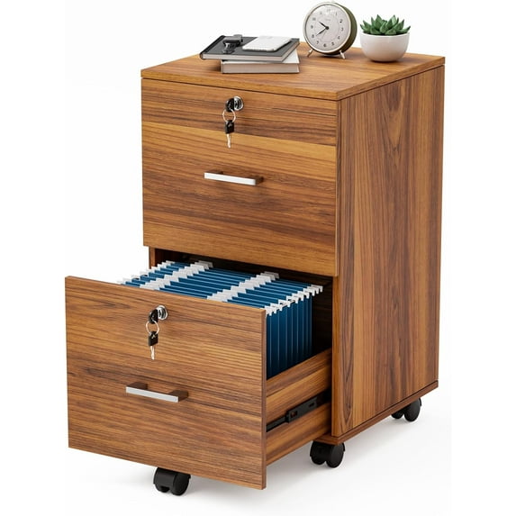 FCYNMF 2-Drawer Rolling File Cabinet with Lock, Wood Mobile File Organization for Hanging Letter Size Filings Under Desk Filing Cabinets for Home Office, Assembly Required, Classic Walnut, 26.5" H