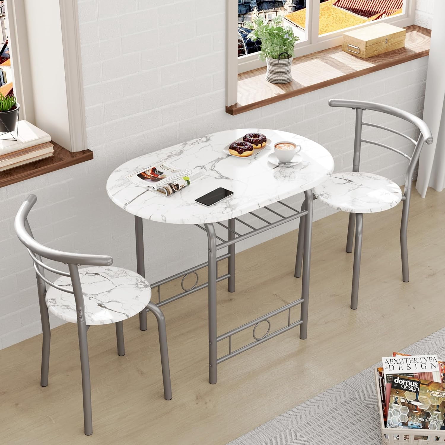 FCYNMF 3-Piece Kitchen Table and Chairs Set with Wine Rack, Space ...