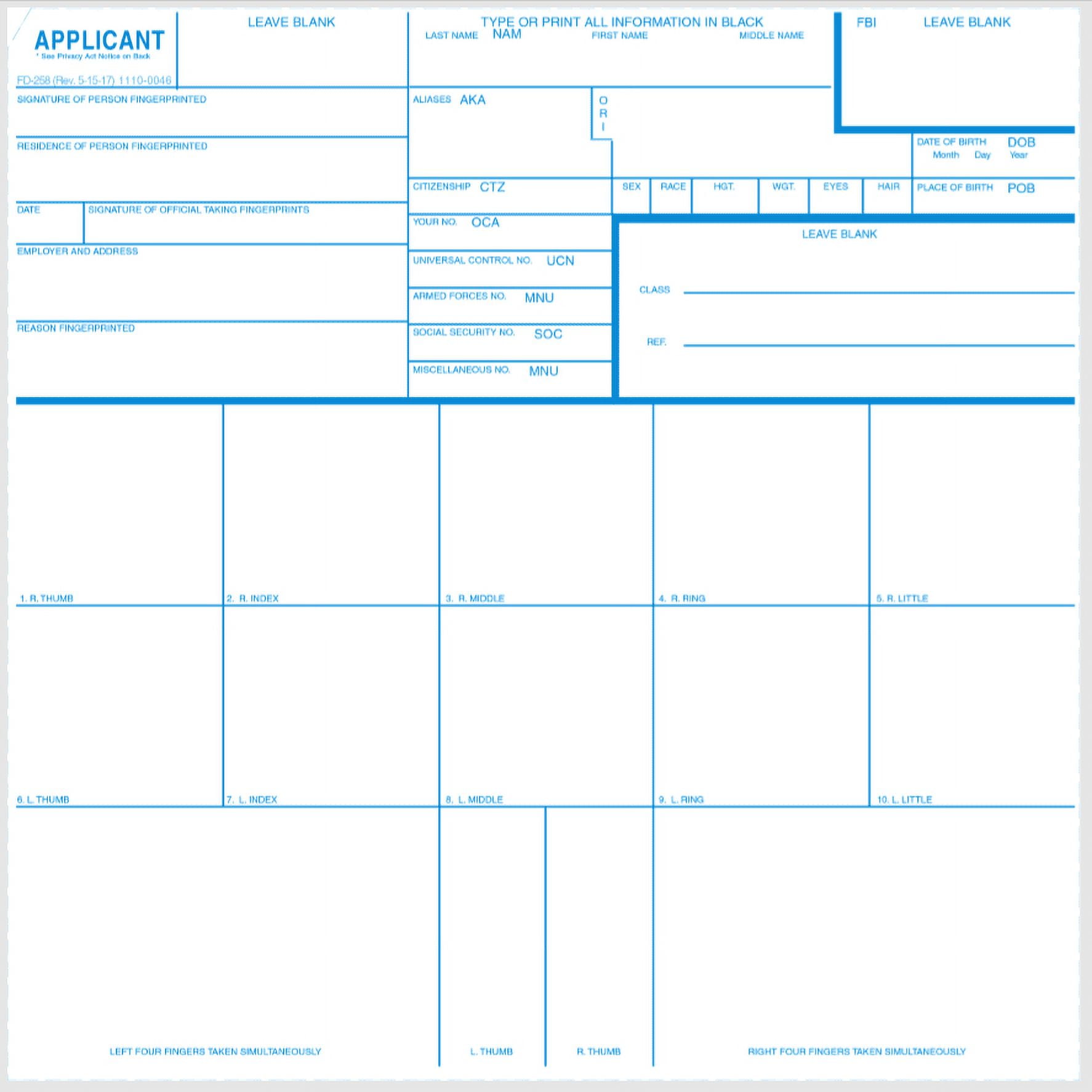FD-258 Fingerprint Card - Blue, 10 Pack
