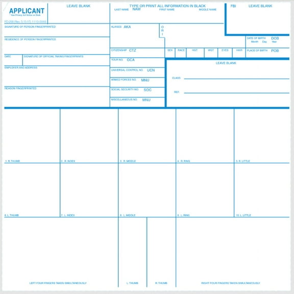 FD-258 Fingerprint Card - Blue, 10 Pack