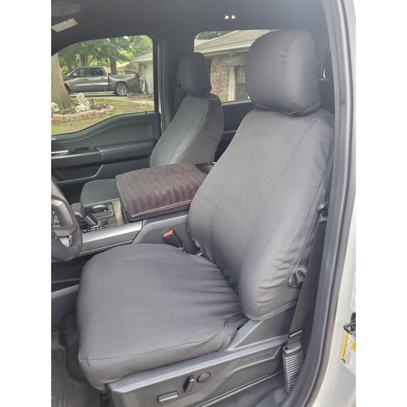 FD89 2019-2025 F150-F550 XL/XLT/Lariat Super Cab Front and Rear Set of Seat Covers. Front Buckets and Rear 60/40 Split Bench, Adjustable HR, No Armrest, With pull tab on side of seat