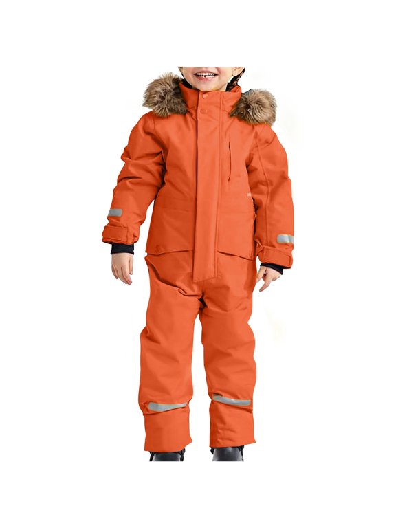 Boys One Piece Snowsuit Toddler Kids Winter Ski Jumpsuit with Faux Fur Hood and Reflective Stripes Teen Tween Cold Weather Outdoor Snow Gear