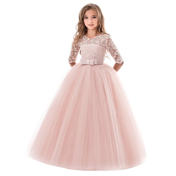 FDDMis Christmas Dress for Girls Bridesmaid Dresses Girls Dress Red Long Dress Green Dress Ruffle Dress Outfit, Beige 3-4 Years