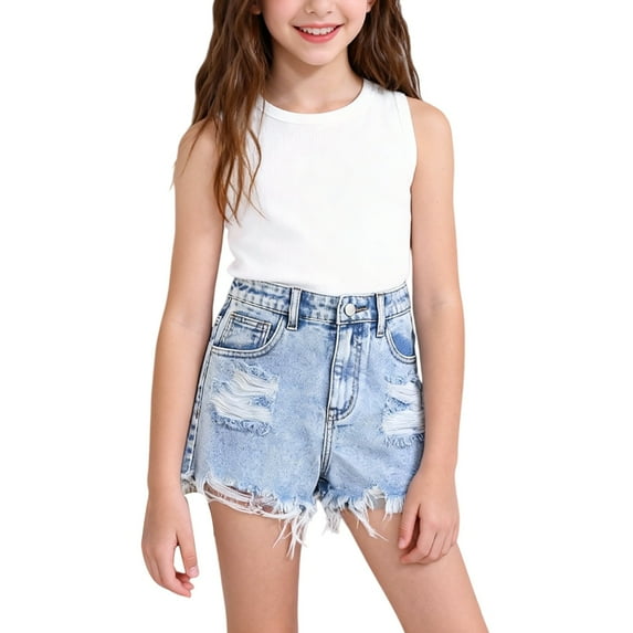 FDDMis Girls Dance Shorts Black Biker Shorts 7 Year Old Girl Clothes Girls Black Shorts Biking Shorts Cute Shorts for Teen Girls Jeans Low Rise, Light Blue 13-14 Years