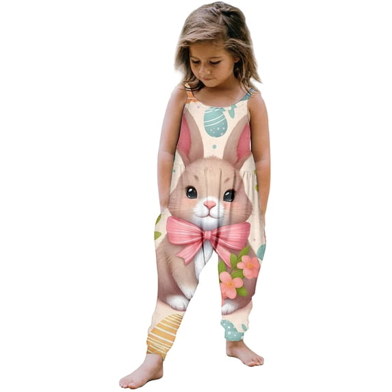FDDMis Outfits for Toddler Girls Easter Outfit Toddler Girl Bunny Print Cute Baby Girls Overalls Strap Suspender Pants Sleeveless Jumpsuit Baby Girl Dresses 12 Months