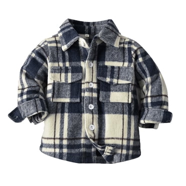 Kids Flannel Houndstooth Button-Down Shirt Jacket - Green, Long Sleeve, For Toddler & Baby Boys