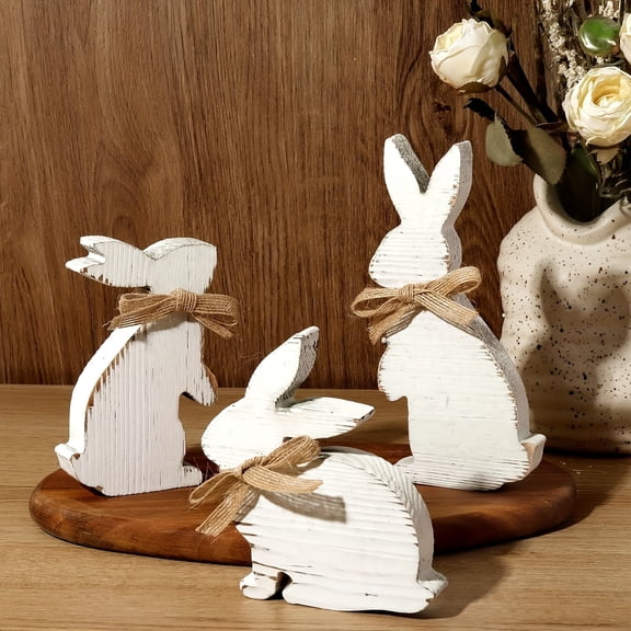 FDEEOM 3 Pcs Easter Table Decorations Rustic Easter Bunny Signs Table Centerpiece Spring Farmhouse Wooden Rabbit Decor with Bow Antique Tabletop Decoration for Home