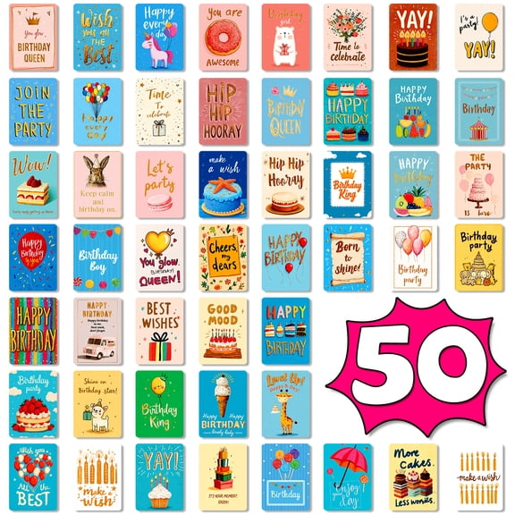 FDEEOM 50 Pack Happy Birthday Cards Assortment Box Variety Set of 50 Assorted Birthday Notes, 50 Unique Designs for Friends, Family and Loved Ones with Printed Message - Gifting, Mailing