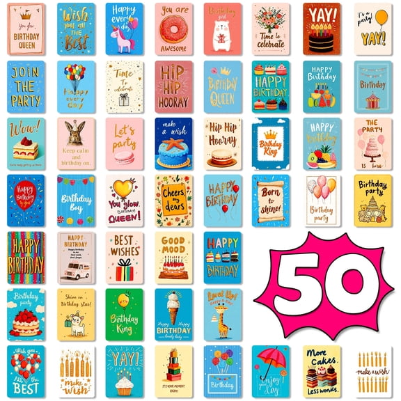 FDEEOM 50 Pack Happy Birthday Cards Assortment Box Variety Set of 50 Assorted Birthday Notes, 50 Unique Designs for Friends, Family and Loved Ones with Printed Message - Gifting, Mailing