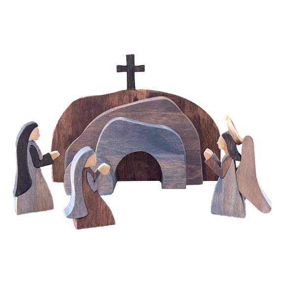 FDEEOM 5Pcs Easter Resurrection Set Easter Scene Wooden Religious Decoration,Jesus Cross Puzzle Statue Tomb Scene Set Set Nativity Scene Decor,Empty Tomb Easter Crafts Decor
