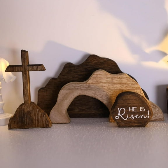 FDEEOM Empty Tomb Easter Scene and Cross Decorations, Wooden He Is Risen Easter Resurrection Nativity Scene Cross Jesus Tiered Tray for Christian Religious Home Table Mantel Shelf Office Farmhouse