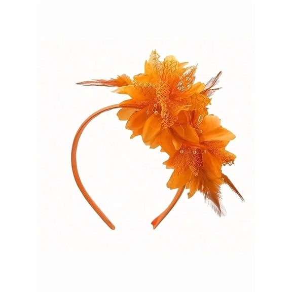 FDEEOM Fascinators Hats with Feather for Women 2026 Derby Hats Small Tea Party Hat Kentucky Fascinator Flower Headwear with Headband Veil Headband Hair Clip for Wedding Cocktail Orange