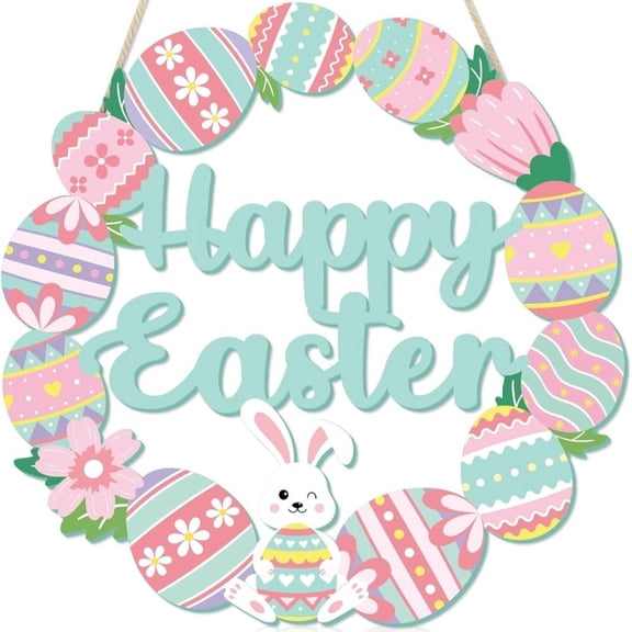 FDEEOM Happy Easter Welcome Sign Front Door Easter Decorations, Bunny Eggs Wood Wreath for Front Door Porch Window Wall Hanging Decor, Pink Green Spring Decoration for the Home (Bunny Egg)