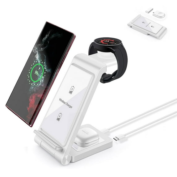 FDGAO 3 in 1 Wireless Charger, 15W Wireless Charging Stand Station Foldable Fast Compatible with Samsung Galaxy /Note, Galaxy Watch5/4/3,Active 2/1, Galaxy Buds (White- for Samsung)
