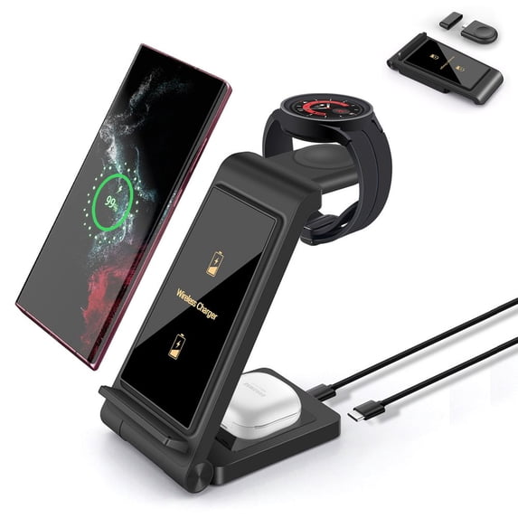 FDGAO 3 in 1 Wireless Charger, 15W Wireless Charging Stand Station Foldable Fast for Samsung Galaxy /Note, Galaxy Watch5/4/3,Active 2/1, Galaxy Buds (Black- for Samsung)