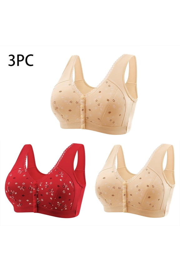 2025 3PC Plus Size Senior Women's Front Snap Closure Bras - Wireless Daisy Print Lace Comfort Bras for Older Women, Breathable Summer Everyday Wear with Light Push Up