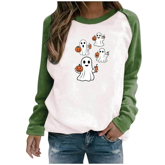 FDGIU 2025 Halloween Graphic Tees for Women, Pumpkin Long Sleeve Tops, Loose Cute Crewneck Pullover, Soft Breathable Casual Top