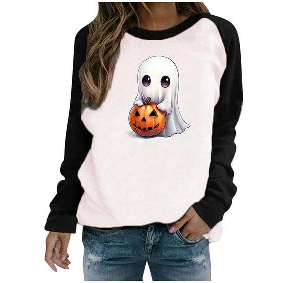 FDGIU 2025 Halloween Graphic Tees for Women, Pumpkin Long Sleeve Tops, Loose Cute Crewneck Pullover, Soft Breathable Casual Top