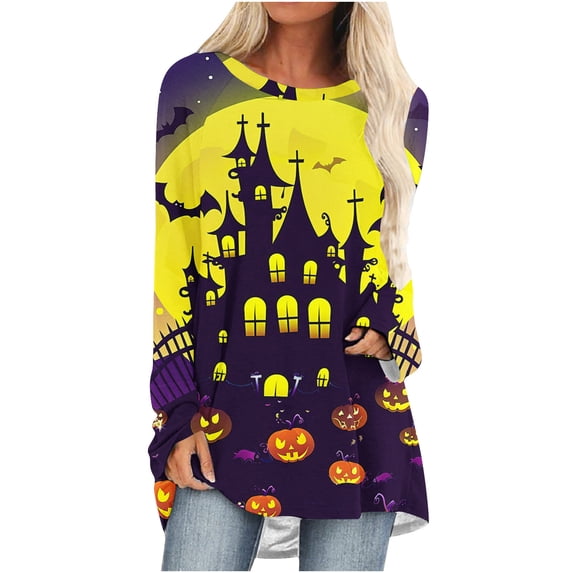 FDGIU 2025 Halloween Shirts Women Crewneck, Cute Ghost Pumpkin Graphic Casual Long Sleeve Tops, Loose Fit Pullover for Autumn Parties