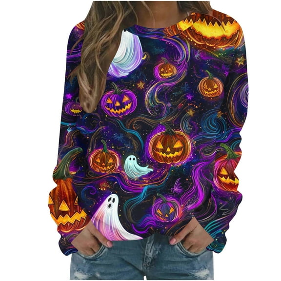 FDGIU 2025 Halloween Shirts Women Crewneck, Cute Ghost Pumpkin Graphic Casual Long Sleeve Tops, Loose Fit Pullover for Autumn Parties