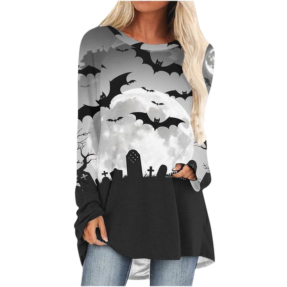 FDGIU 2025 Halloween Shirts Women Crewneck, Cute Ghost Pumpkin Graphic Casual Long Sleeve Tops, Loose Fit Pullover for Autumn Parties
