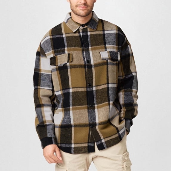 FDGIU 2025 Men's Fleece Flannel - Outdoor Button Down Front Shirt, Warm Plaid Long Sleeve Checkered Casual Top