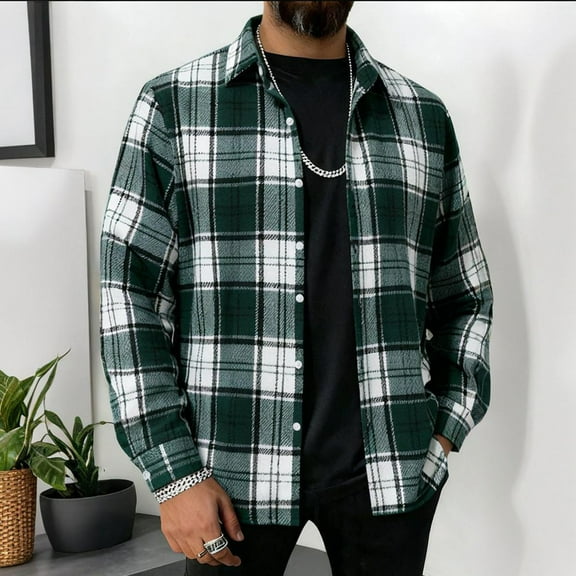FDGIU 2025 Men's Fleece Flannel - Outdoor Button Down Front Shirt, Warm Plaid Long Sleeve Checkered Casual Top