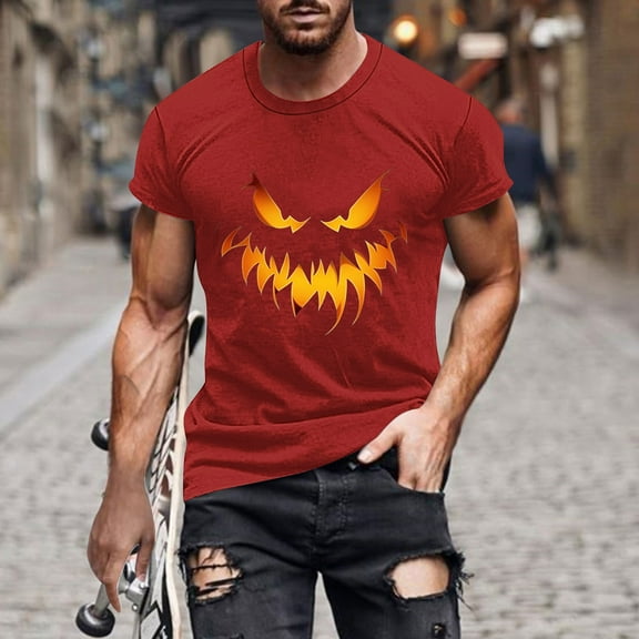 FDGIU 2025 Men's Halloween Graphic Tee; Funny Graffiti Crewneck T-Shirts, Loose Fit Short Sleeve Novelty Top, Dark Casual Halloween Shirt