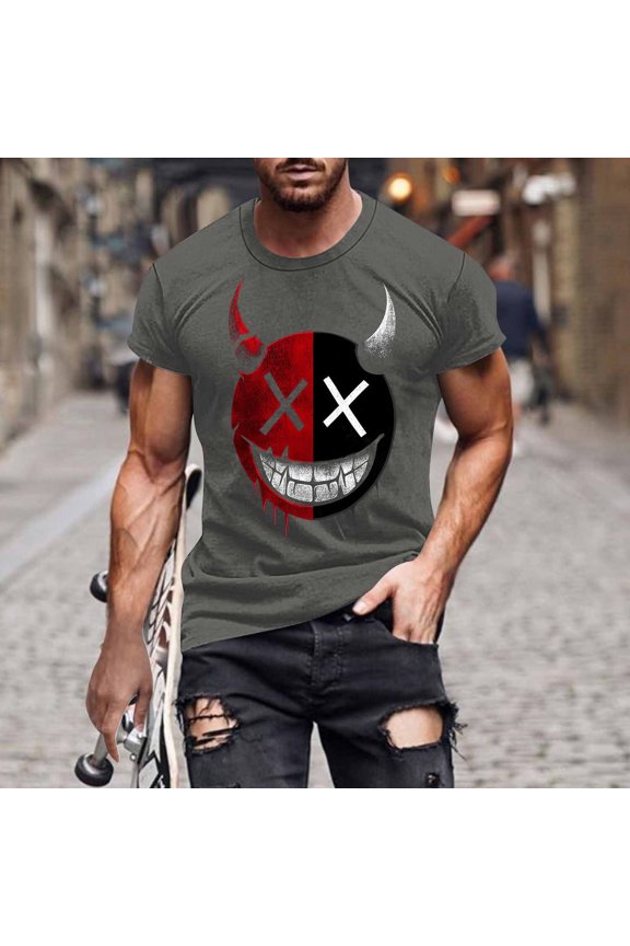 2025 Men's Halloween Graphic Tee; Funny Graffiti Crewneck T-Shirts, Loose Fit Short Sleeve Novelty Top, Dark Casual Halloween Shirt