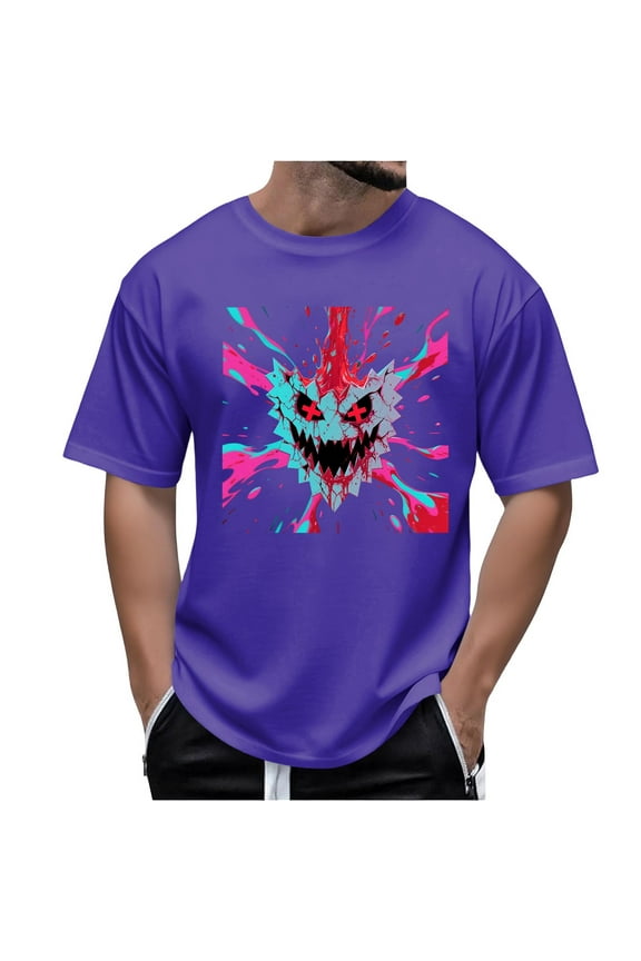 2025 Men's Halloween Graphic Tee; Funny Graffiti Crewneck T-Shirts, Loose Fit Short Sleeve Novelty Top, Dark Casual Halloween Shirt