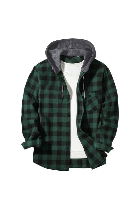2025 Men's Hooded Flannel Shirt - Button Down Plaid Shacket, Fleece Lined Fall Jacket with Pockets, Fall Winter Top