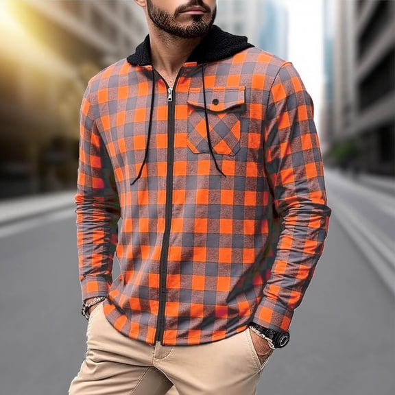 FDGIU 2025 Men's Hooded Flannel Shirt - Button Down Plaid Shacket, Fleece Lined Fall Jacket with Pockets, Fall Winter Top