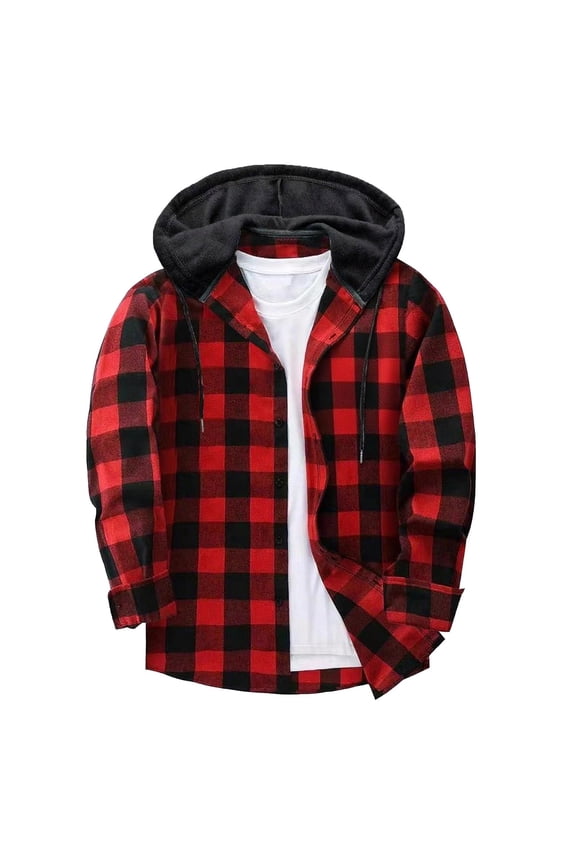 2025 Men's Hooded Flannel Shirt - Button Down Plaid Shacket, Fleece Lined Fall Jacket with Pockets, Fall Winter Top