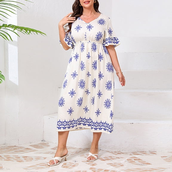 FDGIU 2025 Plus Size Boho Floral Maxi Dress - V Neck, Elastic Waist & Short Sleeves