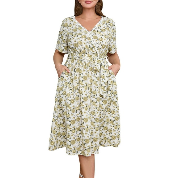 FDGIU 2025 Plus Size Boho Floral Maxi Dress - V Neck, Elastic Waist & Short Sleeves