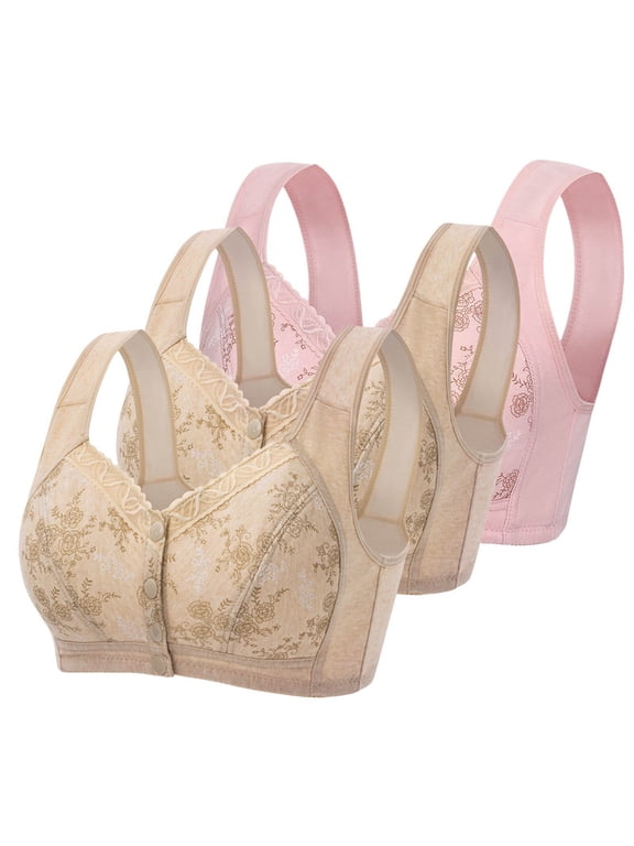2025 Plus Size Senior Women's Front Snap Closure Bras - Wireless Daisy Print Comfort Bras for Older Women, Breathable Summer Everyday Wear with Light Push Up