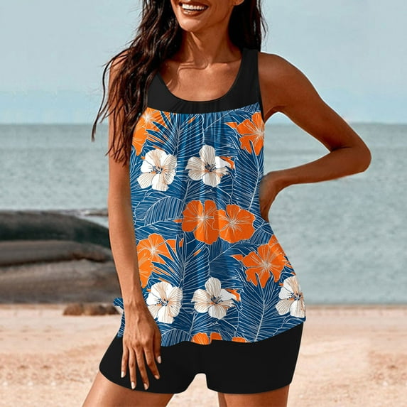 FDGIU 2025 Trendy Women's Floral Tankini Swimwear Set, Modest Athletic Bathing Suit with Shorts, Tummy Control Two Piece Swimsuits for Beach & Pool;High Waisted Swimsuit