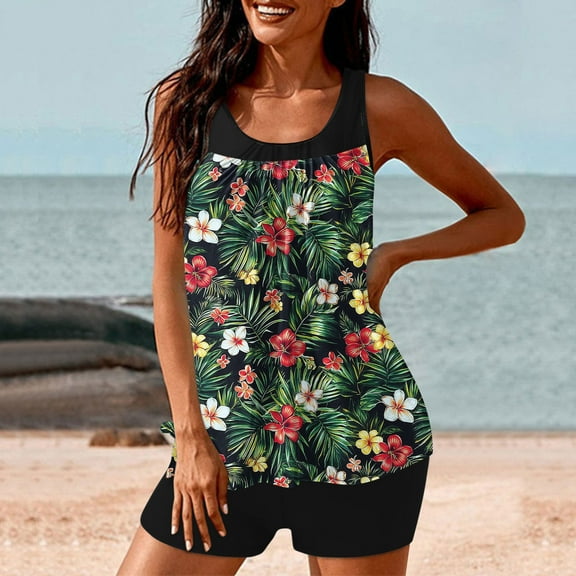 FDGIU ‌2025 Trendy Women's Floral Tankini Swimwear Set, Modest Athletic Bathing Suit with Shorts, Tummy Control Two Piece Swimsuits for Beach & Pool;High Waisted Swimsuit