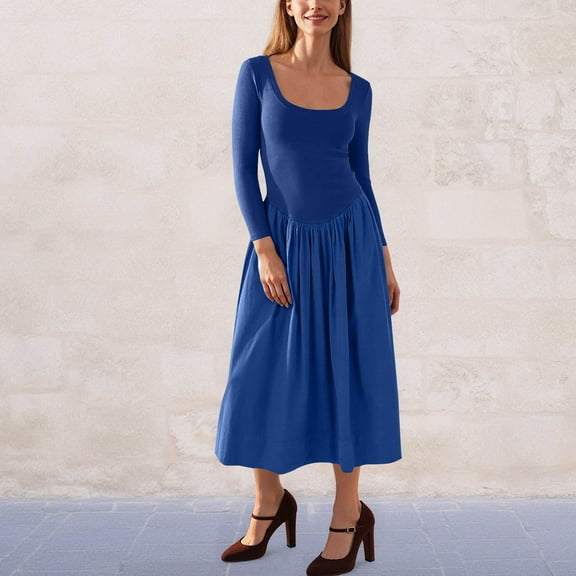 FDGIU 2025 Women's A-Line Midi Dress, Long Sleeve Wedding Guest Dress with Pockets | Square Neck Semi-Formal Holiday Work Dress | Casual Loose Waist Maxi Dress