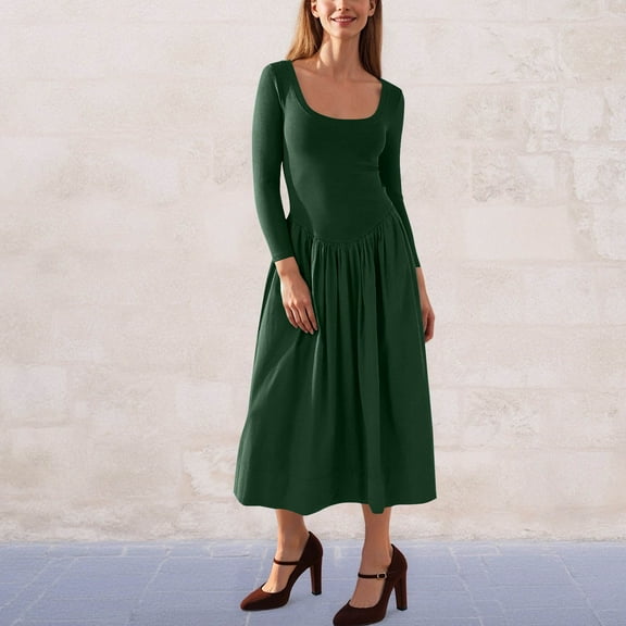 FDGIU 2025 Women's A-Line Midi Dress, Long Sleeve Wedding Guest Dress with Pockets | Square Neck Semi-Formal Holiday Work Dress | Casual Loose Waist Maxi Dress