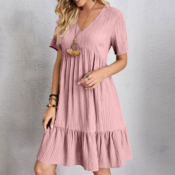 FDGIU 2025 Women's Boho Casual Tiered Swing Dress - Summer V-Neck Ruffle Sleeve Midi Dress with Pockets | Lightweight Breathable A-Line Sundress