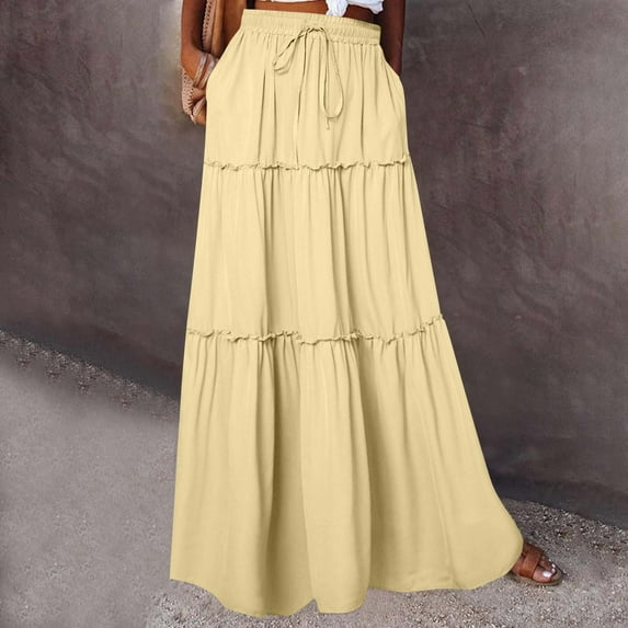 FDGIU 2025 Women's Boho Maxi Skirt - Summer Flowy Tiered Skirt with Smocked Waist & Ruffle A-Line, Beach Casual Midi Dress